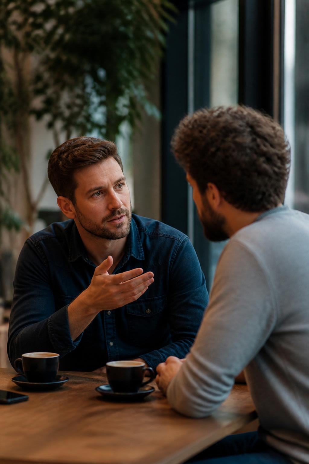Two friends in conversation over coffee