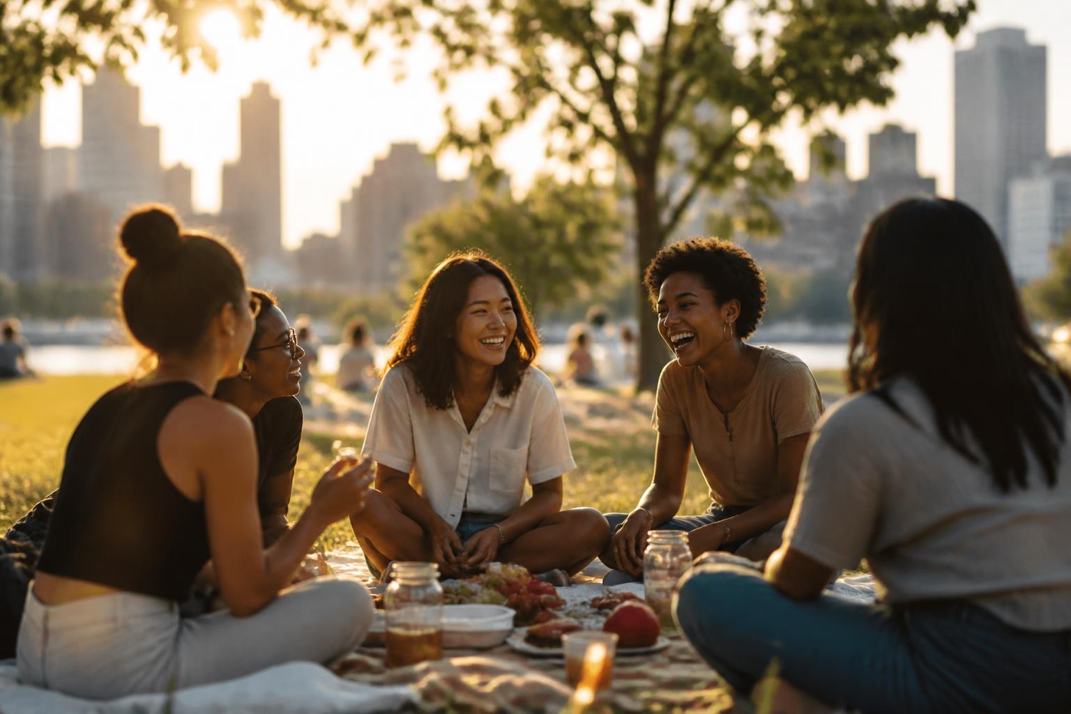 Friends gathered at sunset